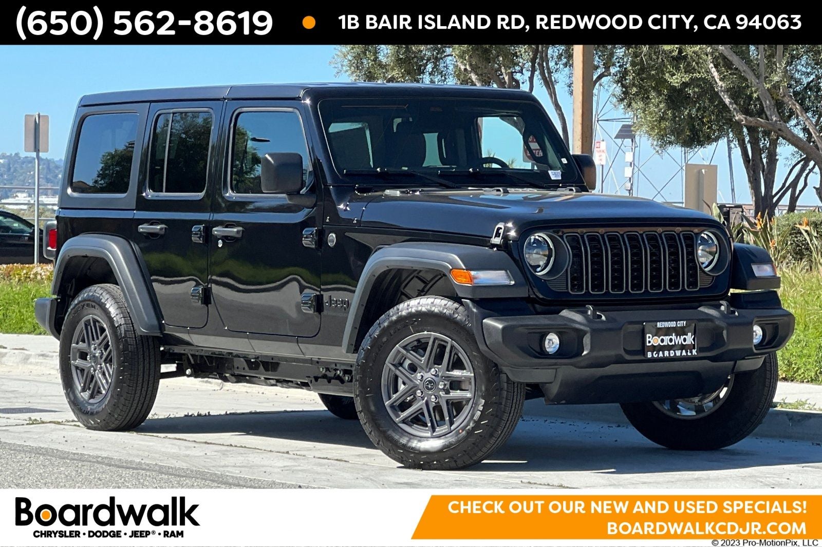 2026 Jeep Wrangler WRANGLER 4-DOOR SPORT S in Black Clear-Coat Exterior Paint — front three-quarter view