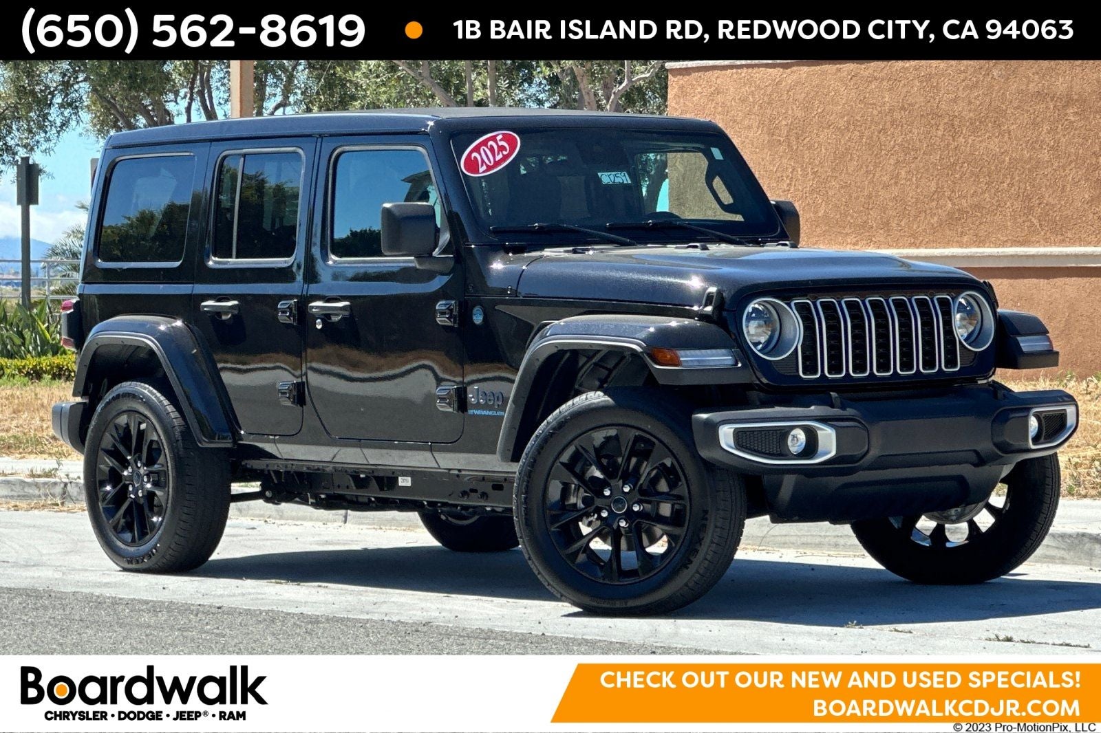 2025 Jeep Wrangler 4xe Sahara 4xe in Black Clearcoat — front three-quarter view