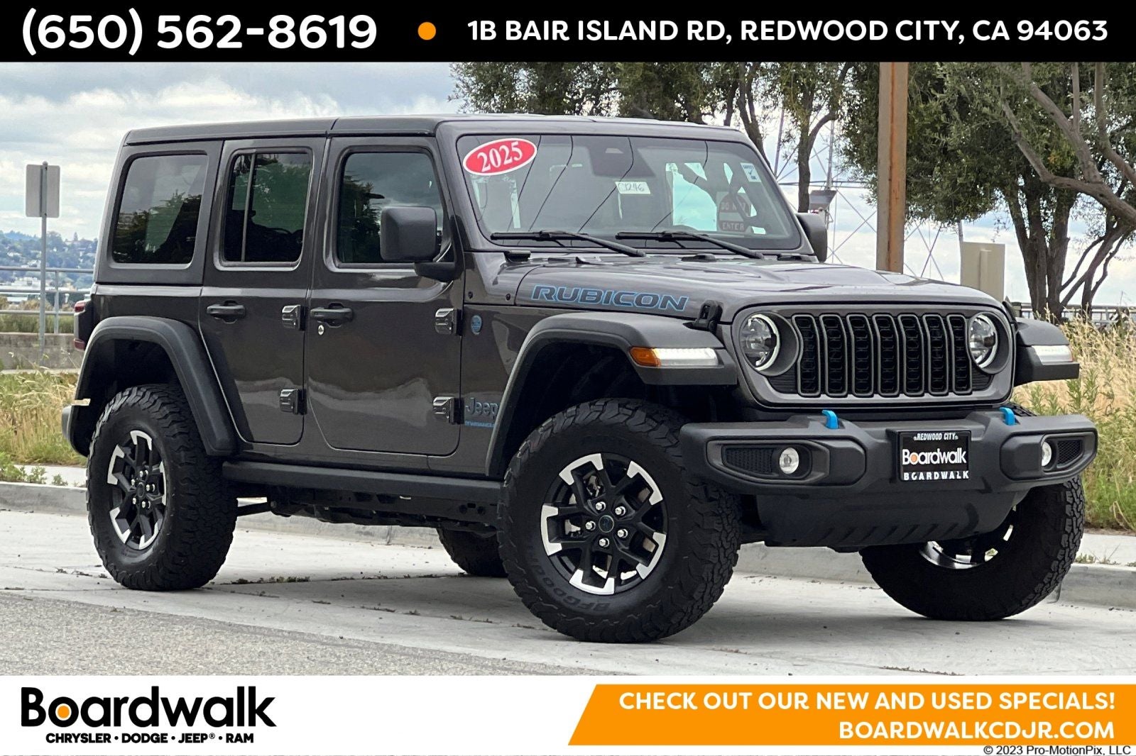 2025 Jeep Wrangler Rubicon 4xe in Granite Crystal Metallic Clearcoat — front three-quarter view