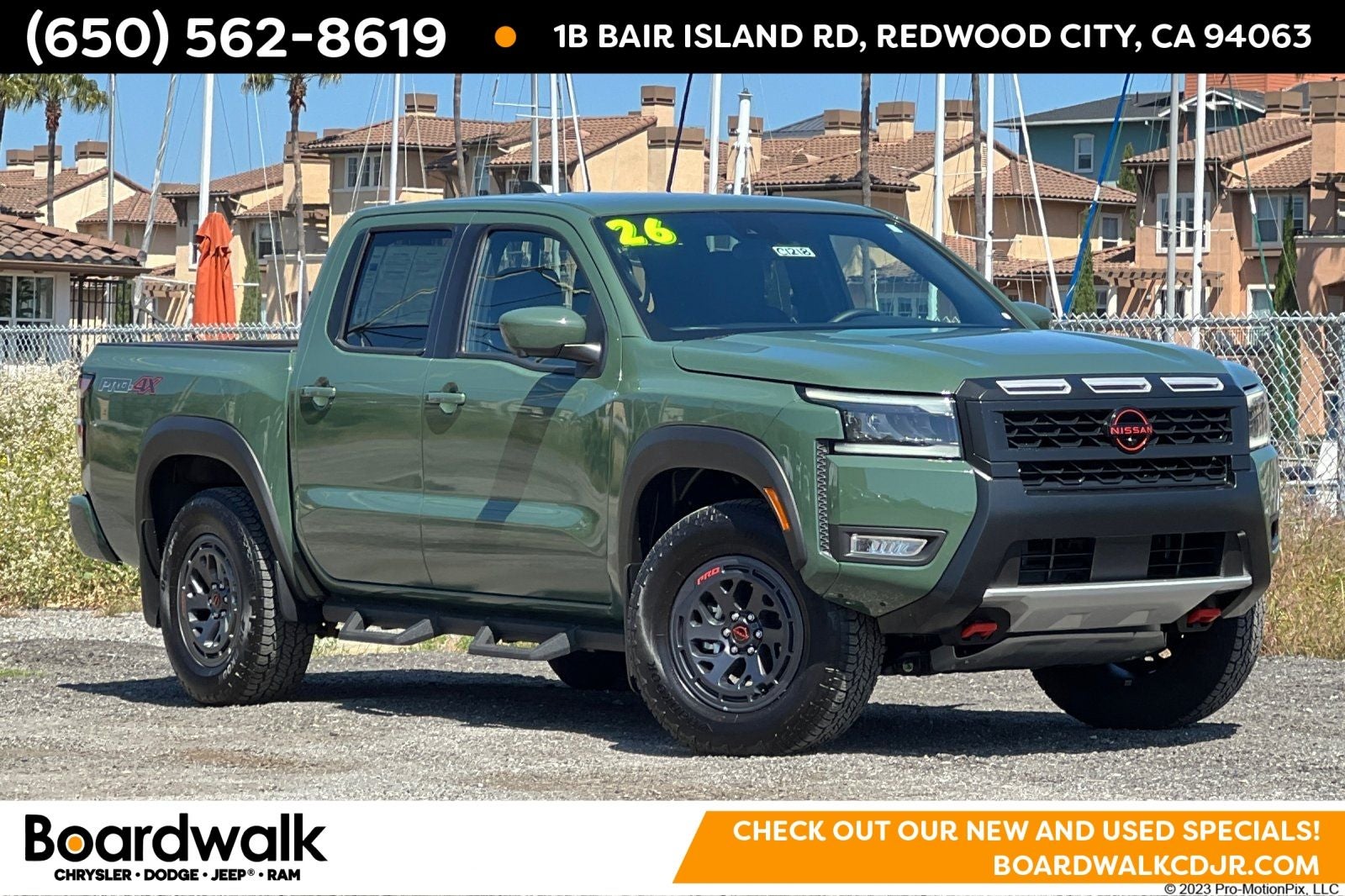 2026 Nissan Frontier Crew Cab PRO-4X 4x4 in Tactical Green Metallic — front three-quarter view